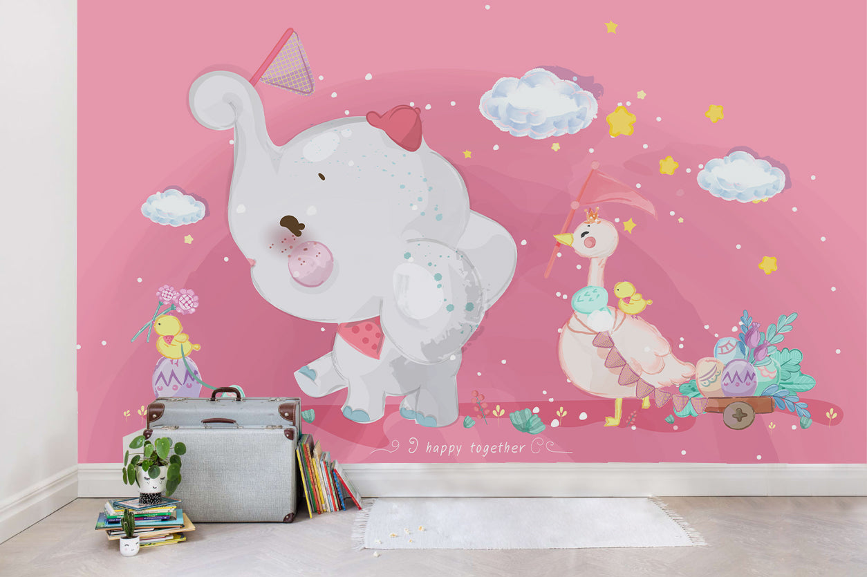 3D Cartoon Elephant Duck Wall Mural Wallpaper  Sww 8