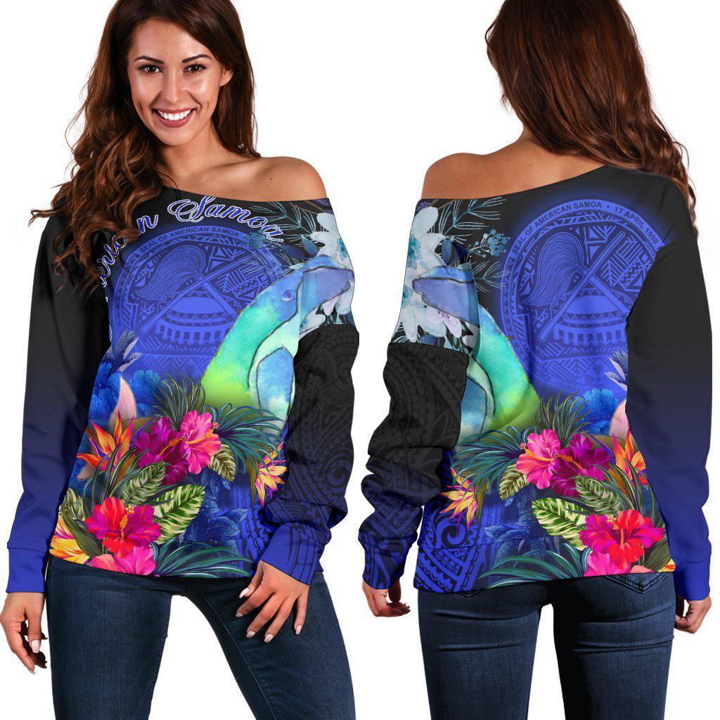 American Samoa Humpback Whale with Tropical Flowers Shoulder Sweater