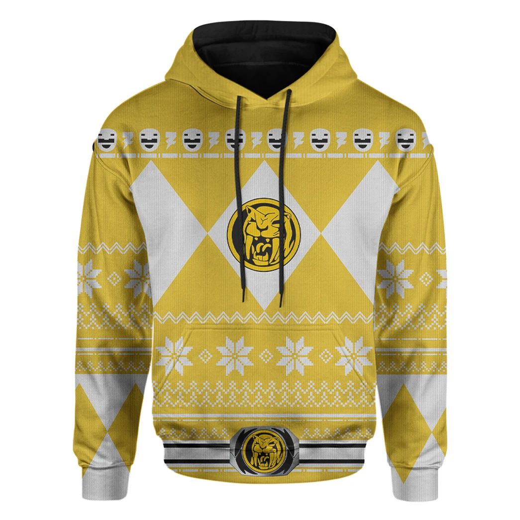 Alohazing 3D Mighty Morphin Yellow Power Rangers Ugly Christmas Custom Hoodie