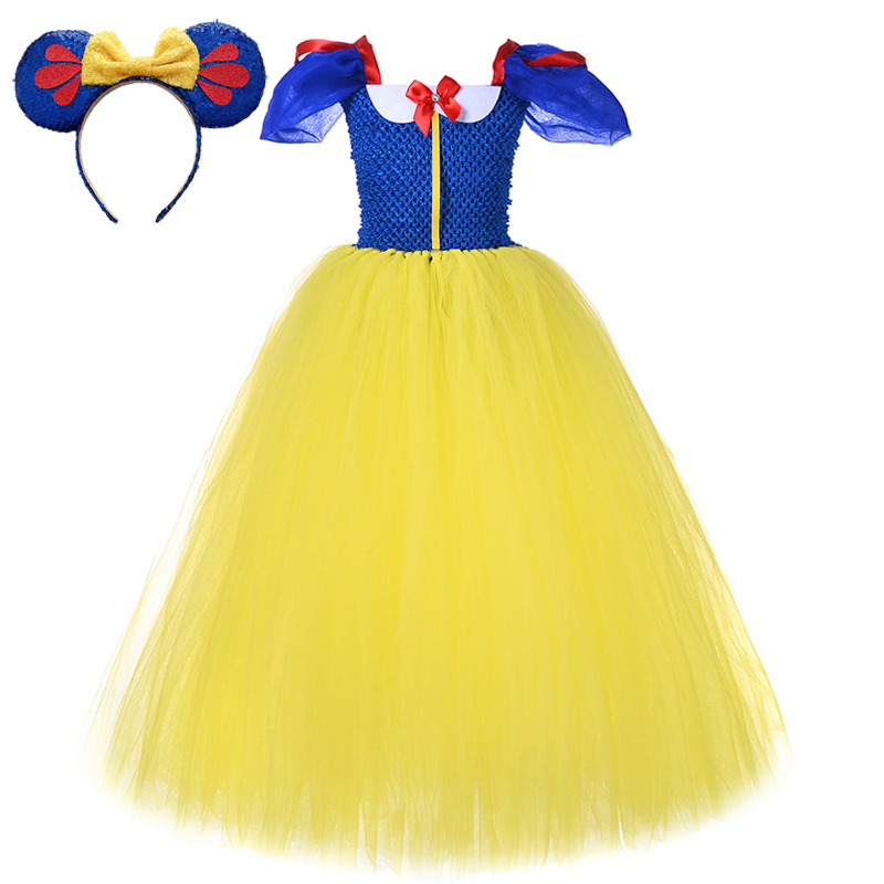 Snow White Long Tutu Dress for Girls Carnival Halloween Costume for Kids Birthday Party Outfit with Short Sleeve Floor Ball Gown alx