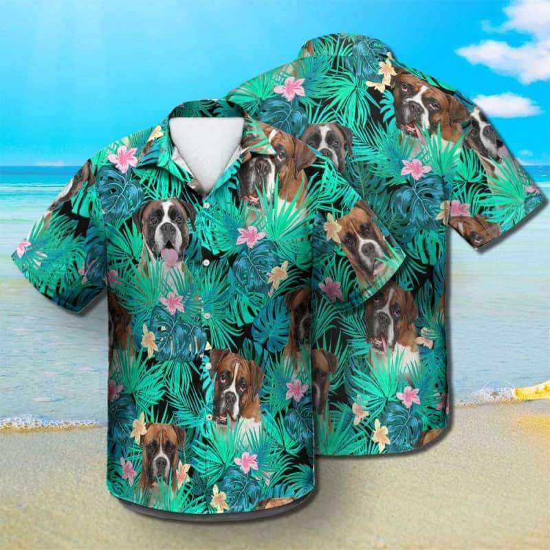 Boxer Hawaiian Shirt, Dog Summer Leaves Hawaiian Shirt, Unisex Print Aloha Short Sleeve Casual Shirt