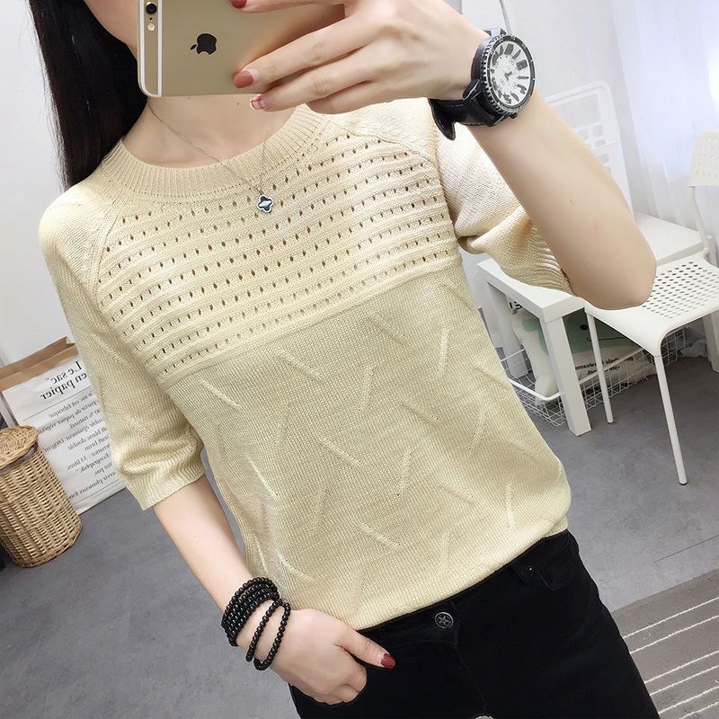 Woman Sweaters Pullover Summer Knitted T-shirt Short-Sleeved Women’s Loose Hollow Top Femme Chandails alx