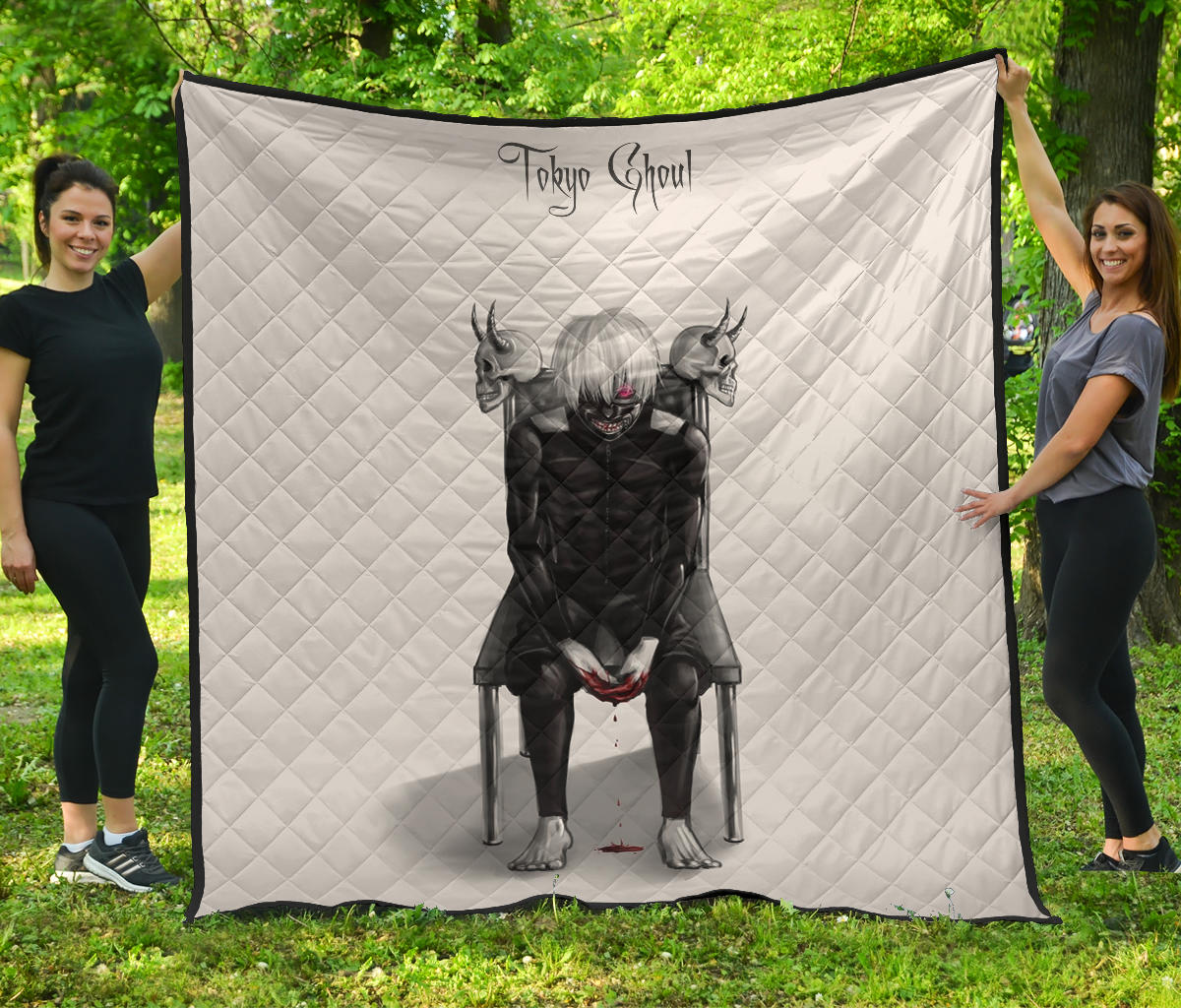 Tokyo Ghoul Anime Premium Quilt – Ken Kaneki Bloody Hand Sitting On Skull Chair Quilt Blanket