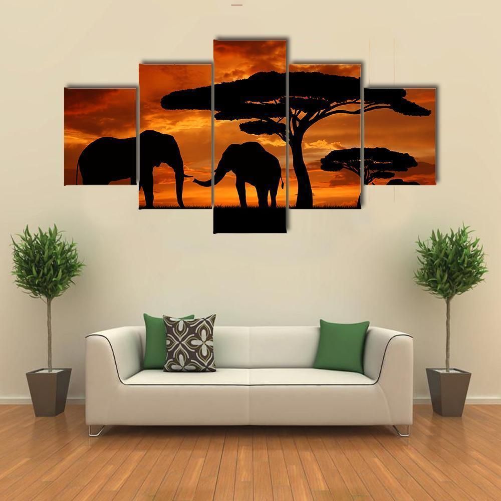 Silhouette Of Two Elephants In The Sunset Animal 5 Panel Canvas Art Wall Decor