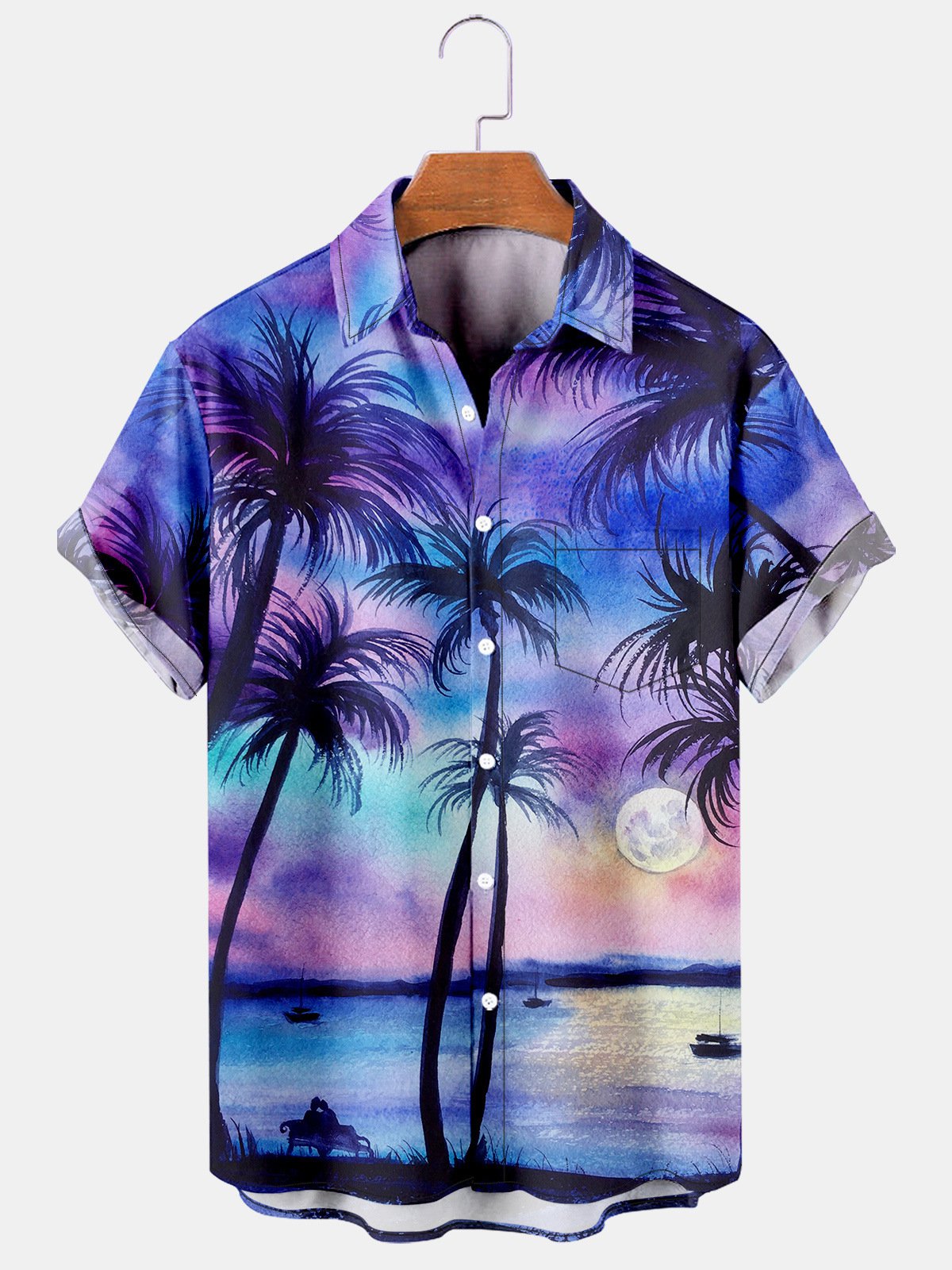 Mens Coconut Tree Sunset Print Breathable Tactical Hawaii Shirts Ha81455