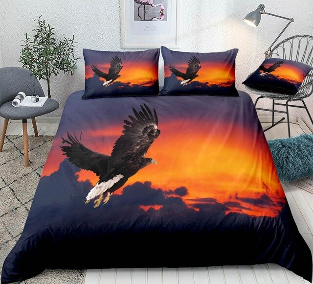 3D Eagle Flying Birds And Sunset Wild Life Eanimals Duvet Cover Set, Microfiber Fabric Bedding