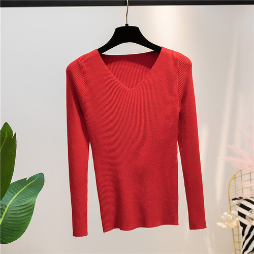 Autumn and Winter V-neck Knitted Long-Sleeved sweater Slim Tight Bottoming Shirt Fashion Retro Pullover Thin Sweater Women alx