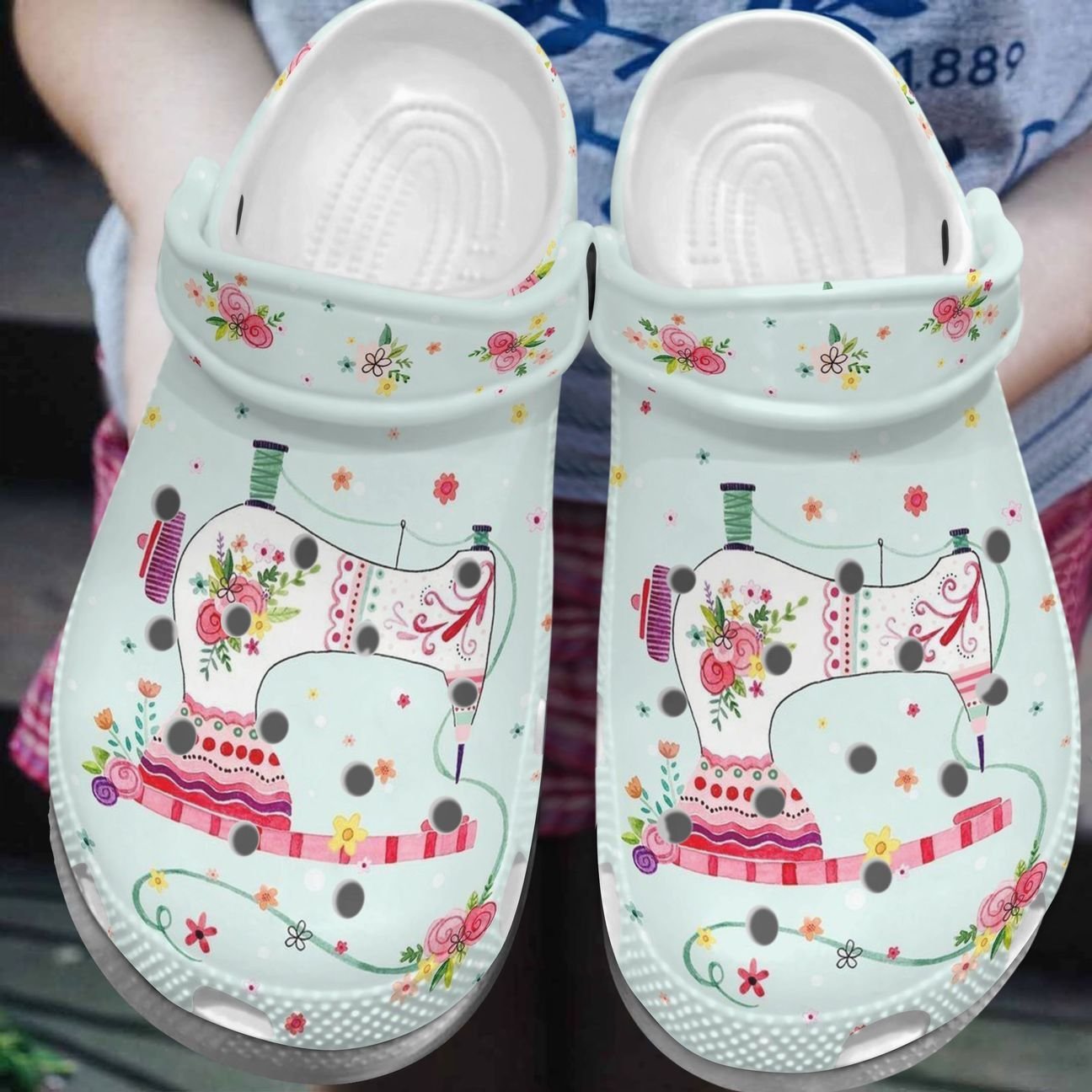 Sewing Personalize Clog, Custom Name, Text, Fashion Style For Women, Men, Kid, Print 3D Floral Sewing Machine