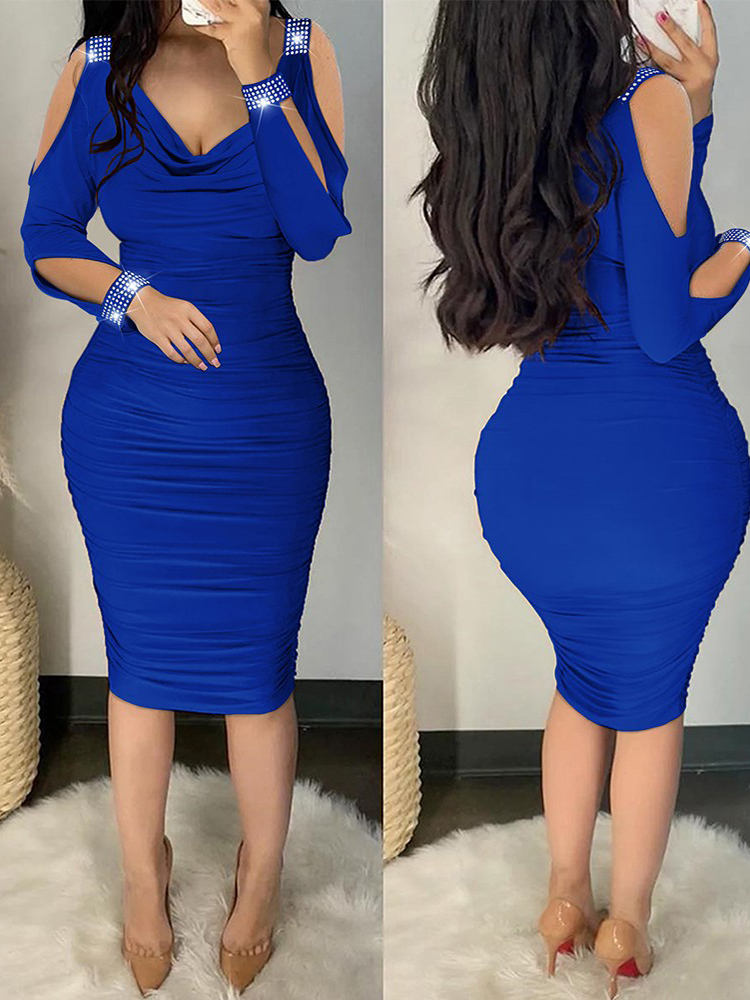 2022 Autumn Dresses For Women Rhinestone Decor Cold Shoulder Ruched Bodycon Dress Y2k Vestidos De Mujer Casual Elegant Mini Robe alx