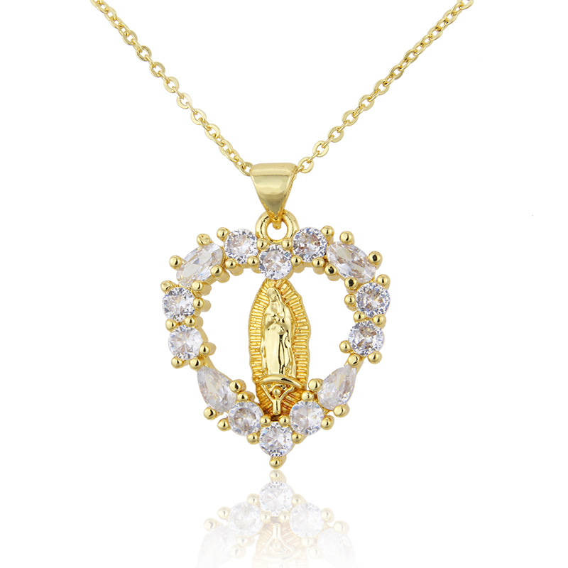 Virgin Mary Pendant Necklace Zircon Stone Love Heart Shaped Our Lady of Guadalupe Necklace Religious Catholic Jewelry Gift alx