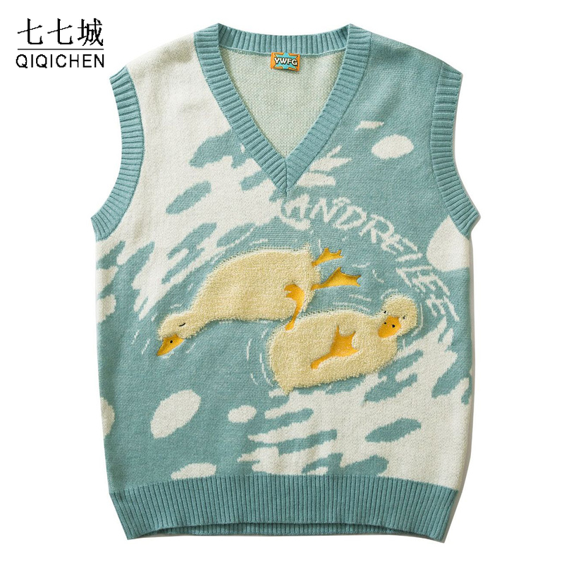 College Knitted Vest Sweaters Men Women Streetwear Hip Hop Casual Cartoons Duck O-neck Pullover Loose Sleeveless Sweaters Tops alx