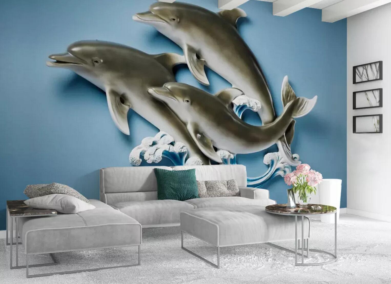 3D Blue Background Dolphin Wall Mural Wallpaper 181