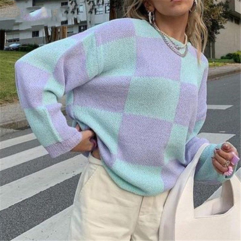 Women Casual Long Sleeve Plaid Print Loose T Shirt Elegant Color Block Oversized Tops 2021 New Tie Dye Pullovers alx