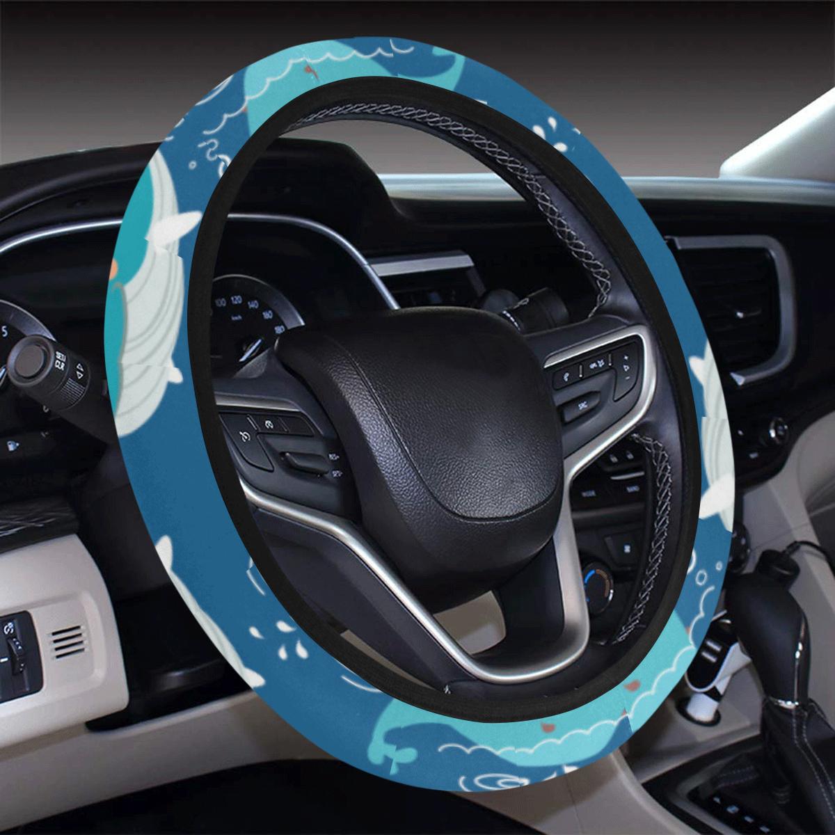 Blue Whale Pattern Print Design 01 Steering Wheel Cover With Elastic Edge