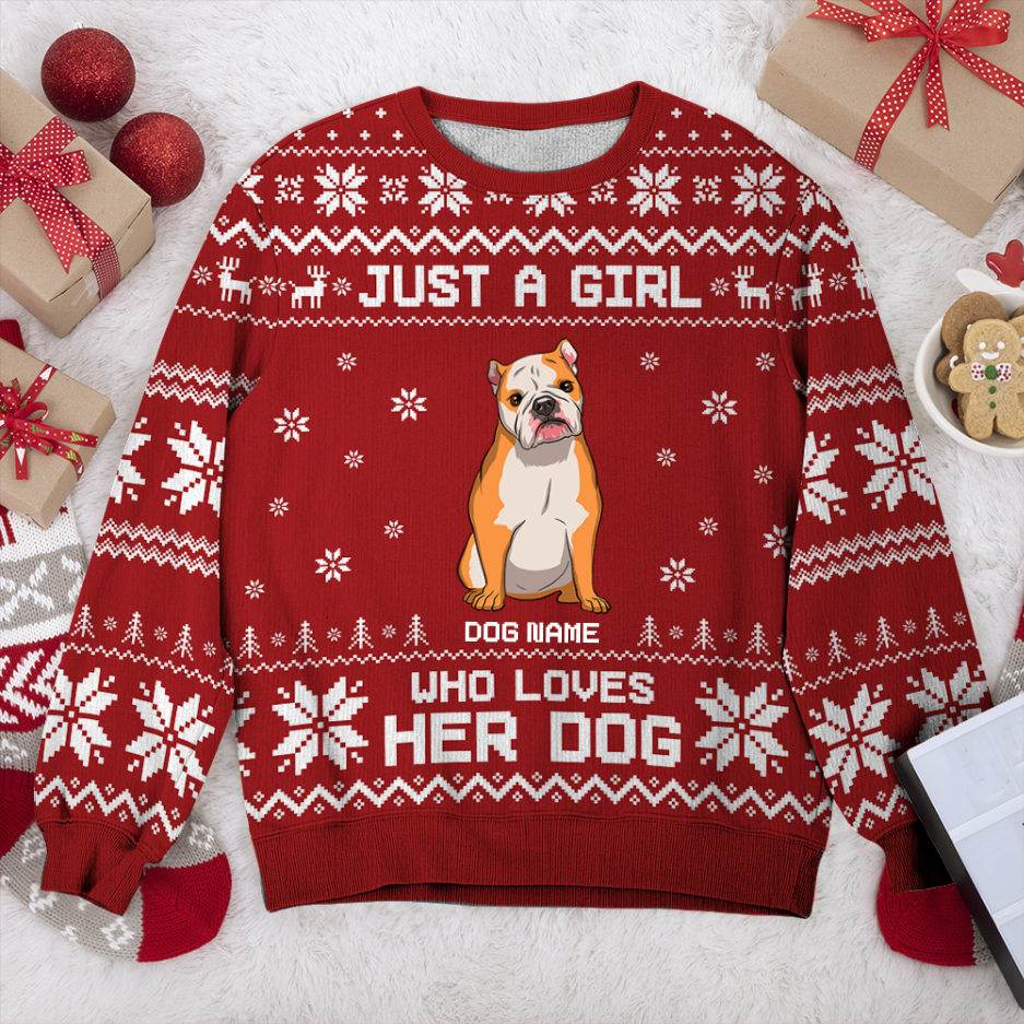 Bulldog Just A Girl Personalized Sweater, Dog Ugly Christmas Sweater