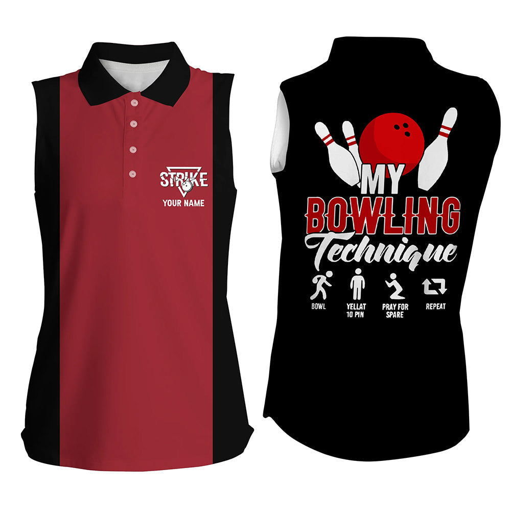 Red Black Vintage Women Sleeveless Polo Shirts, Custom My Bowling Technique Strike Bowling Team Jersey