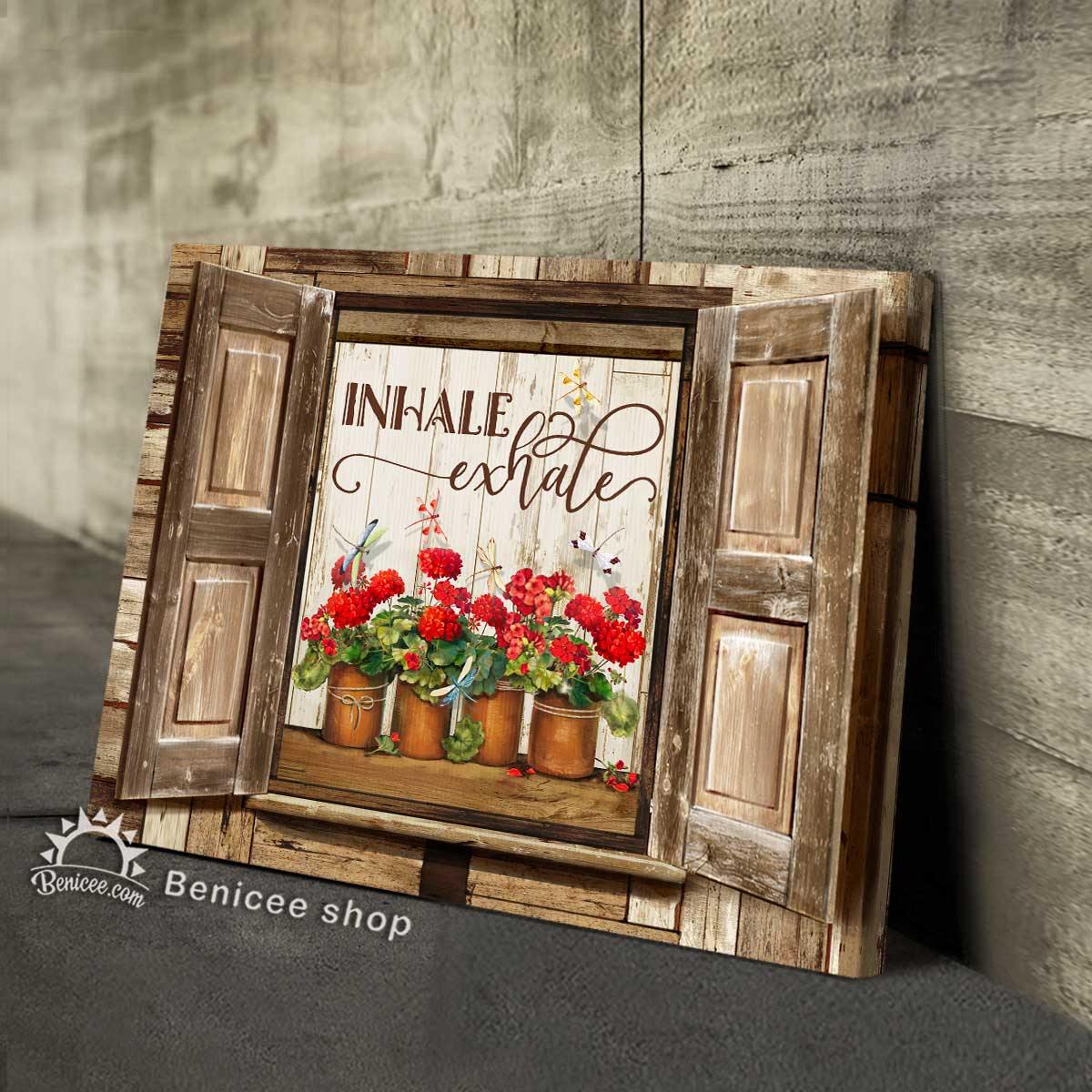 Benicee Hippie Style Framed Wrapped Wall Art Canvas Inhale Exhale Geraniums Fake Window Top 3 Home Decor