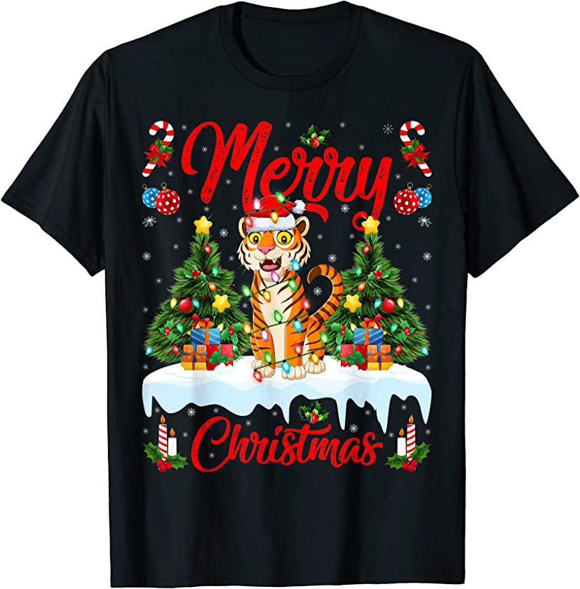 Tiger Lover Lights Xmas Tree Funny Santa Tiger Christmas T-Shirt