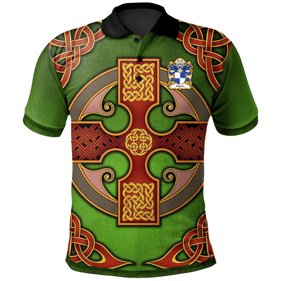 1Sttheworld Wales Polo Shirt – Moore Lords Of Crick Monmouthshire Welsh Family Crest Polo Shirt – Vintage Celtic Cross Green – Golf Shirt A7