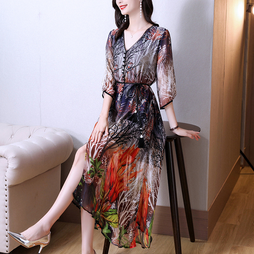 2022 Boho Floral Natural Silk Maxi Dresses Summer Vintage Casual Print Beach Midi Sundress Women Elegant Bodycon Party Vestidos alx