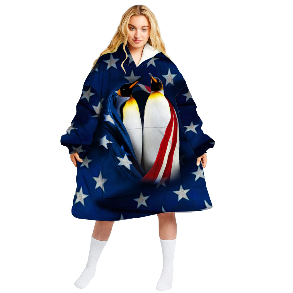 Penguin Flag Usa Oversized Hoodie Unisex Fashion Hoodie Blanket With Hood Sleeves And Pocket  For Everyone