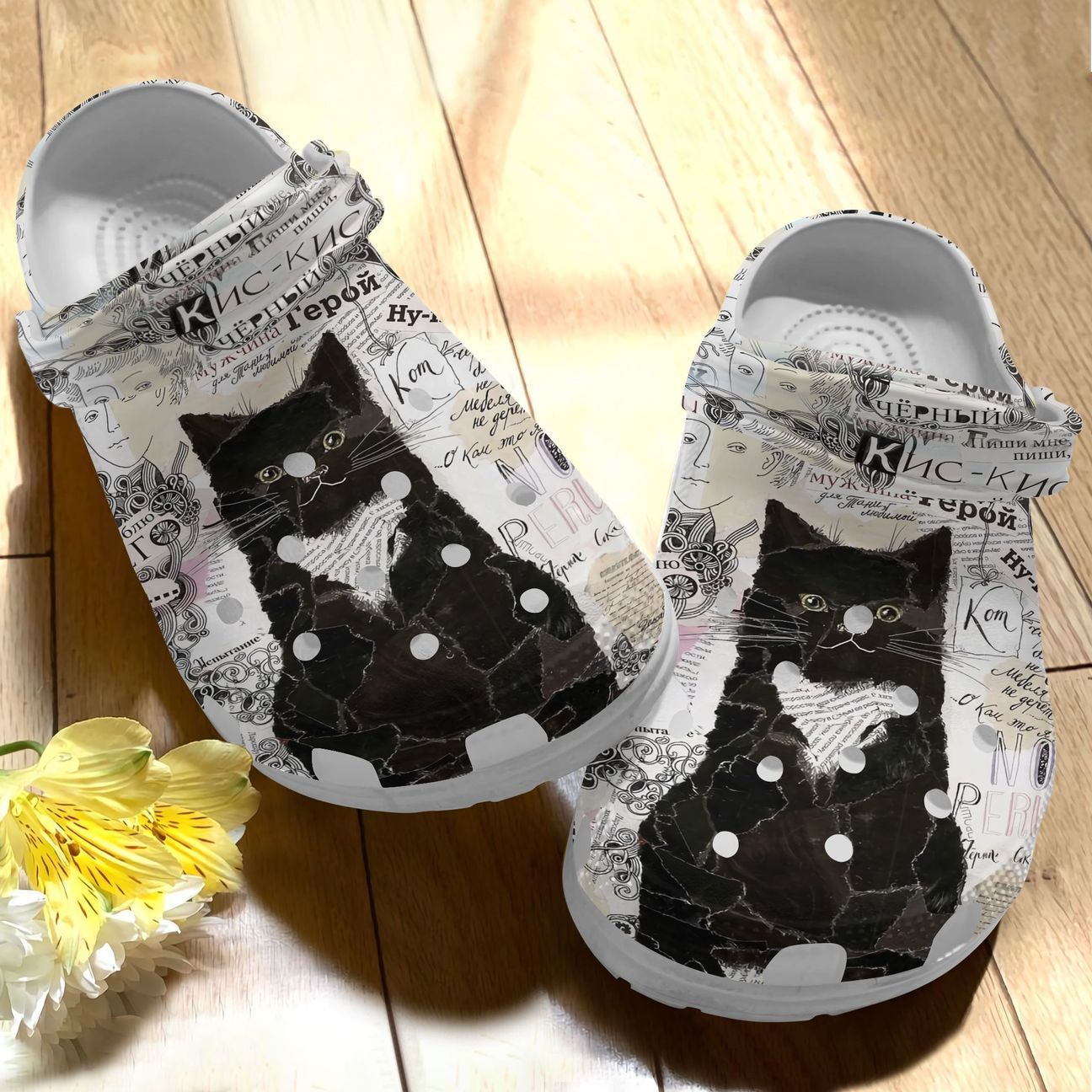 Black Cat Personalize Clog, Custom Name, Text, Fashion Style For Women, Men, Kid, Print 3D Newspaper