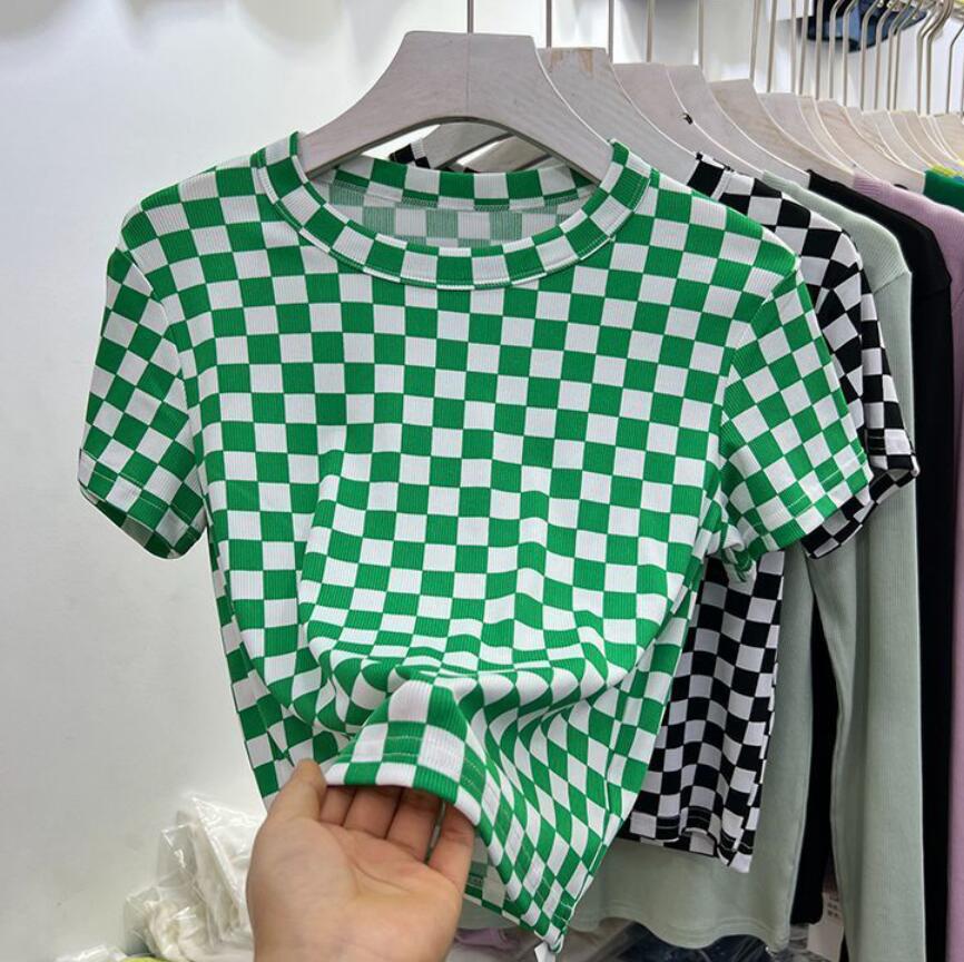 2022 Suumer Women T Shirt Letter Printing Checkerboard Grid Female T-shirt Casual Loose Short Sleeve O Neck Tops Camisetas Mujer alx