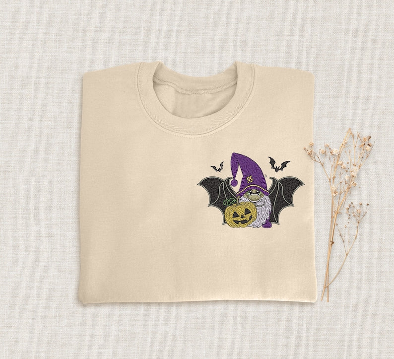 Cute Gnome Bat Halloween Embroidered Sweatshirt 2D Crewneck Sweatshirt All Over Print Sweatshirt For Women Sweatshirt For Men Sws4643