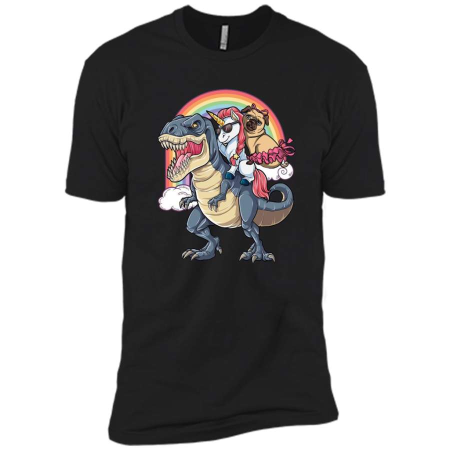 Unicorn and Pit Pug Dog Riding Dinosaur Rainbow – Canvas Unisex USA Shirt