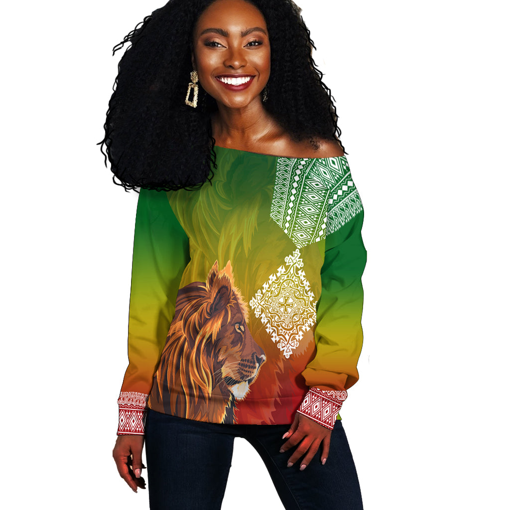 (Custom Personalised) Ethiopia Lion Of Judah Off Shoulder Sweater Ethiopia Flag Gradient Lt7