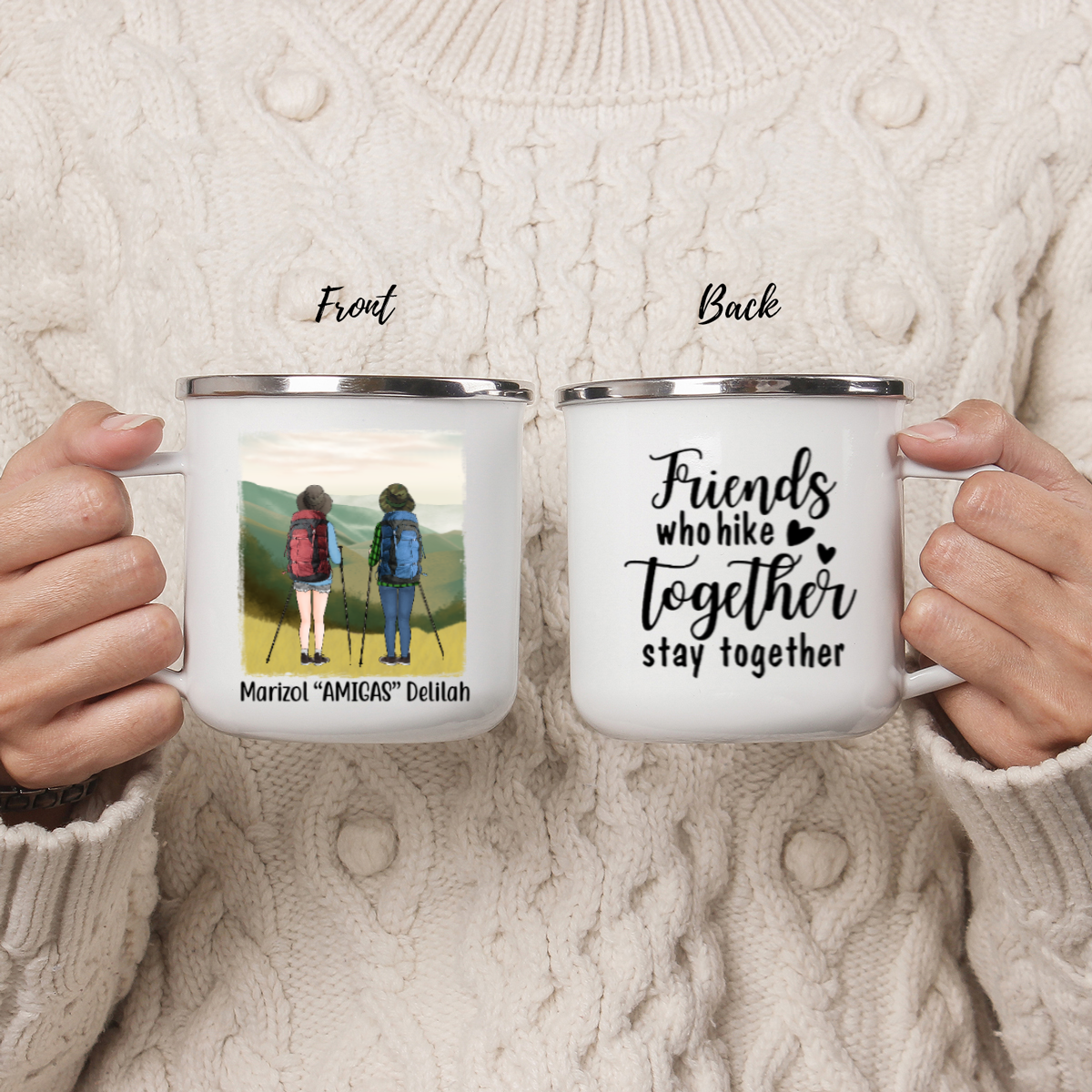 Custom Enamel Camping Mug, Campfire Mug, Hiking Friends Personalized Gift For Couple Hiking Lovers