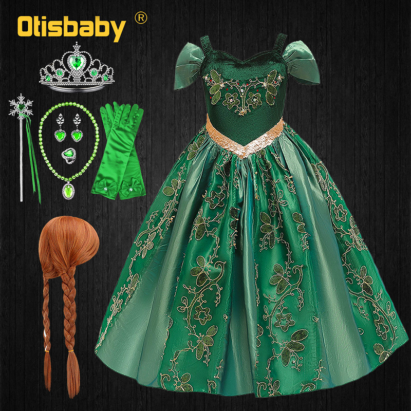 Snow Queen Girls Elsa Anna Dress Green Embroidered Boutique Princess Dress Halloween Anna Costume Child Elegant Evening Dresses alx