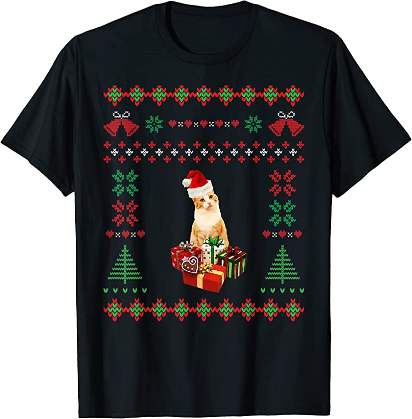 Ugly Christmas Sweater Santa Claus Hat Presents Cat T-Shirt