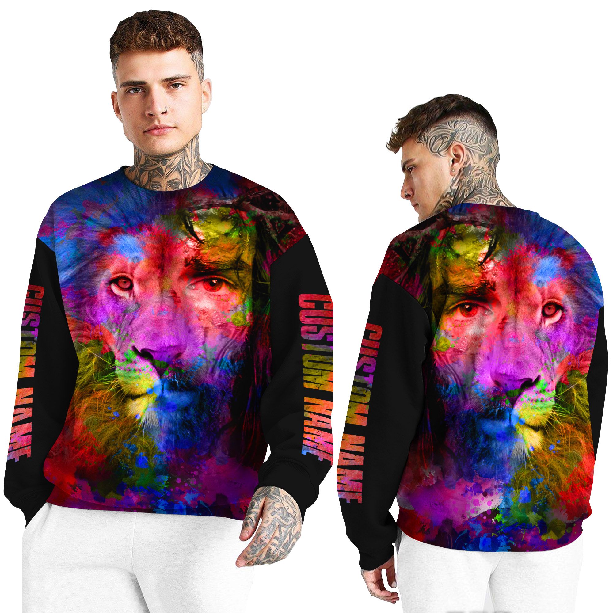 Watercolor Jesus And Lion Custom Name 3D Long Sleeve Tee Shirt For Jesus Lovers