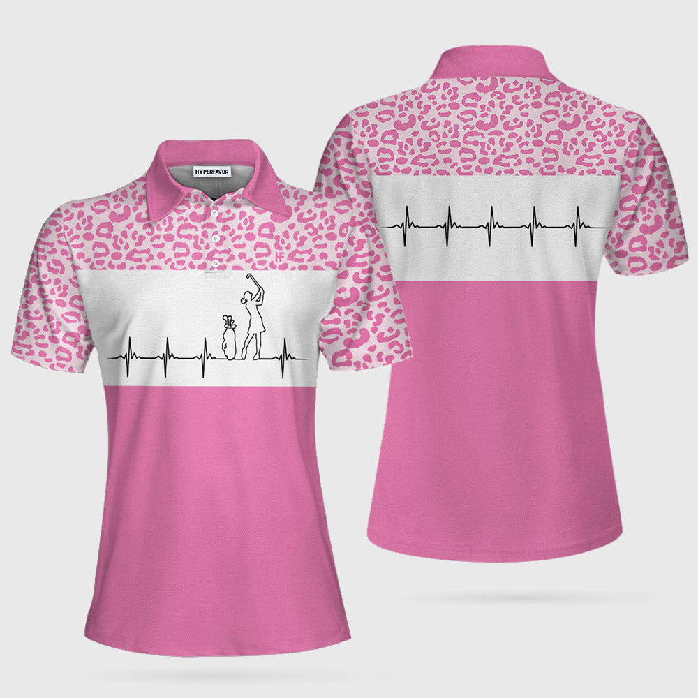 Pink Golfbeat Leopard Golf Short Sleeve Women Polo Shirt, Heartbeat Golfing Polo Shirt For Ladies Coolspod