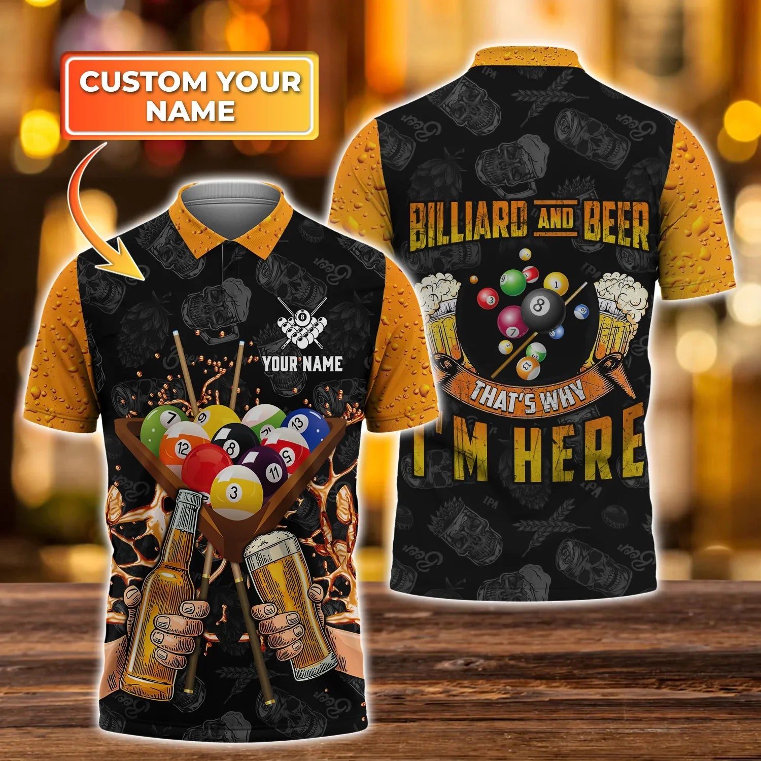 Personalized Name Yellow Billiard Player All Over Printed Polo Shirt, Billiard And Beer That Why I’M Here Shirt For Men