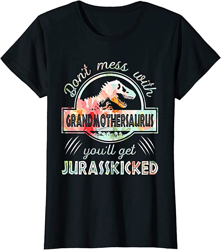 Womens Flowers T Rex Dinosaurs Grandmother Saurus Family Matching T-Shirt