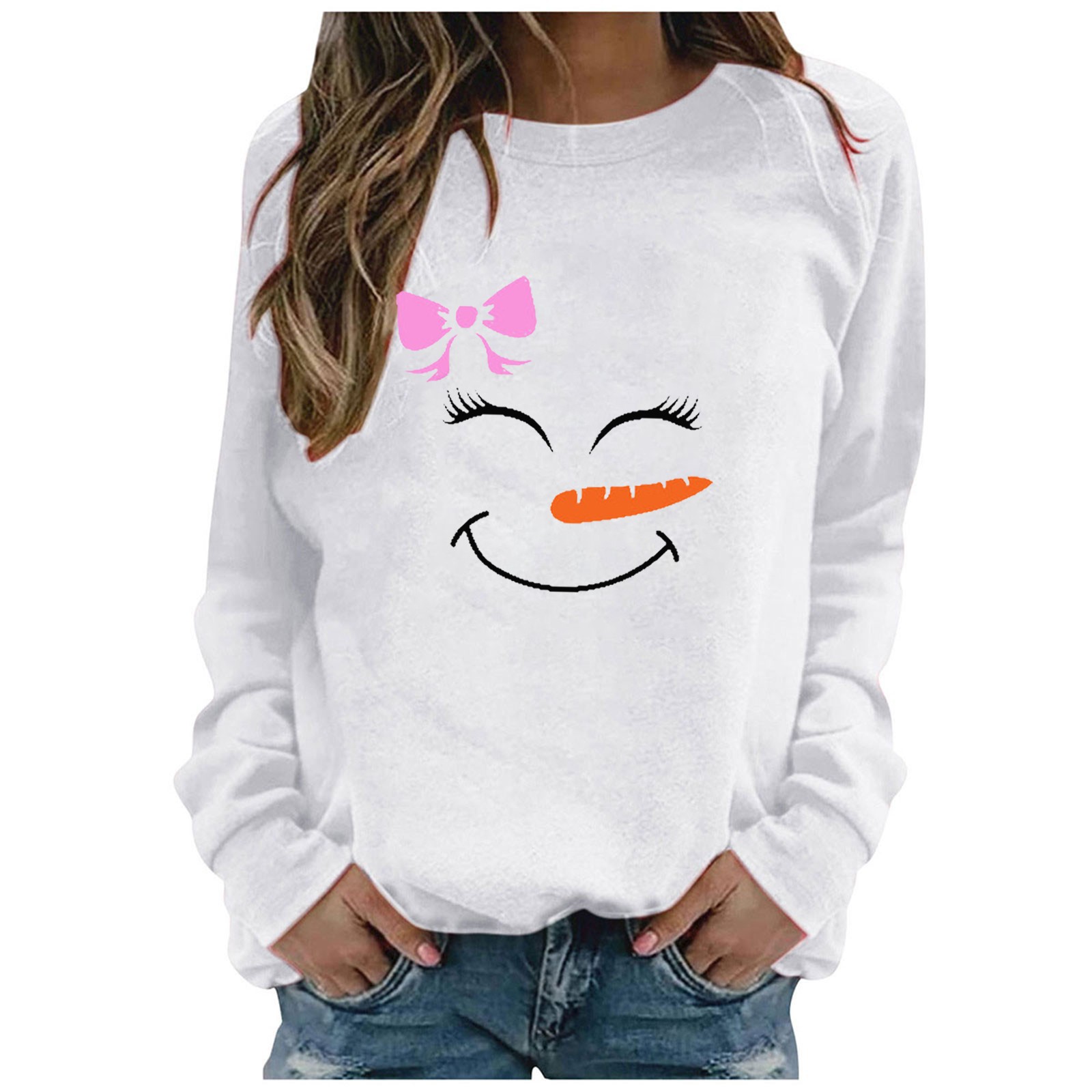 Woman Sweatshirts Sweet 2022 Korean Round Sleeve Tops Women’s Autumn Neck Long Christmas Cute Winter Sweatshirt Print Clothing alx