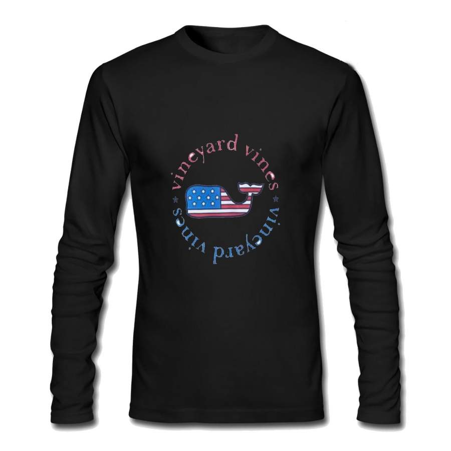 American Flag and Whale Vines* Vineyard Black New T-shirt Men’s Fashion Crew Neck Long Sleeves Cotton Tops Clothing