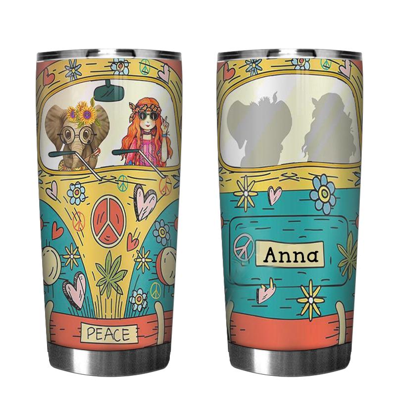 Personalized Personalized Tumbler Elephant And Flower Child Hippie Van Stainless Steel Skinny Tumbler Bulk, Double Wall Vacuum Slim Water Tumbler Cup With Lid