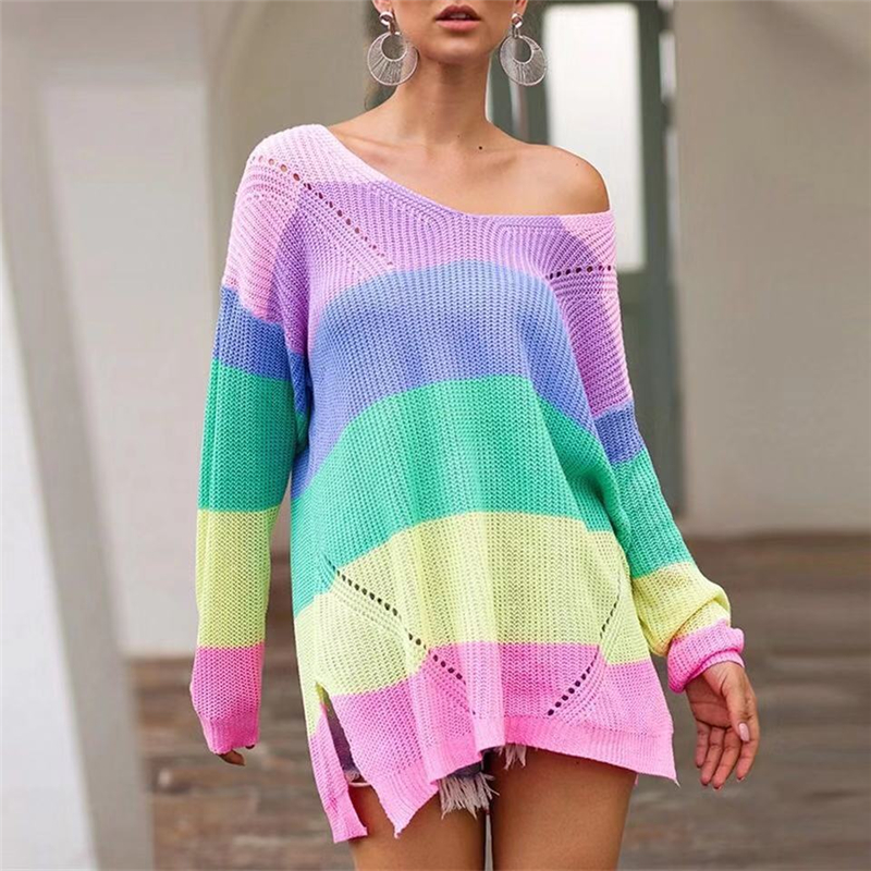 Autumn Winter Pullover Striped Female Clothes Oversize Rainbow Sweater for Womens Casual Plus Size Multicolor Knitted alx