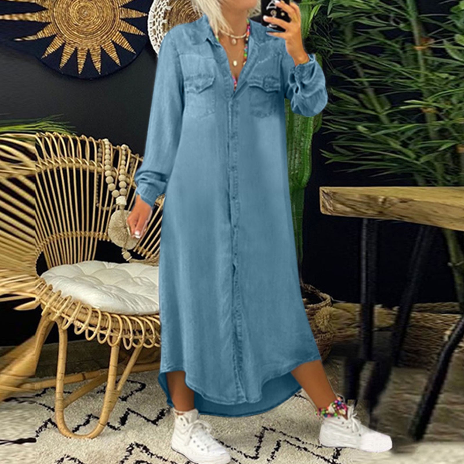 Women Summer Denim Dress Retro Women Long Sleeve Turn Down Collar Pockets Button Long Loose Fit Denim Dress Plus Size Daily Wear alx