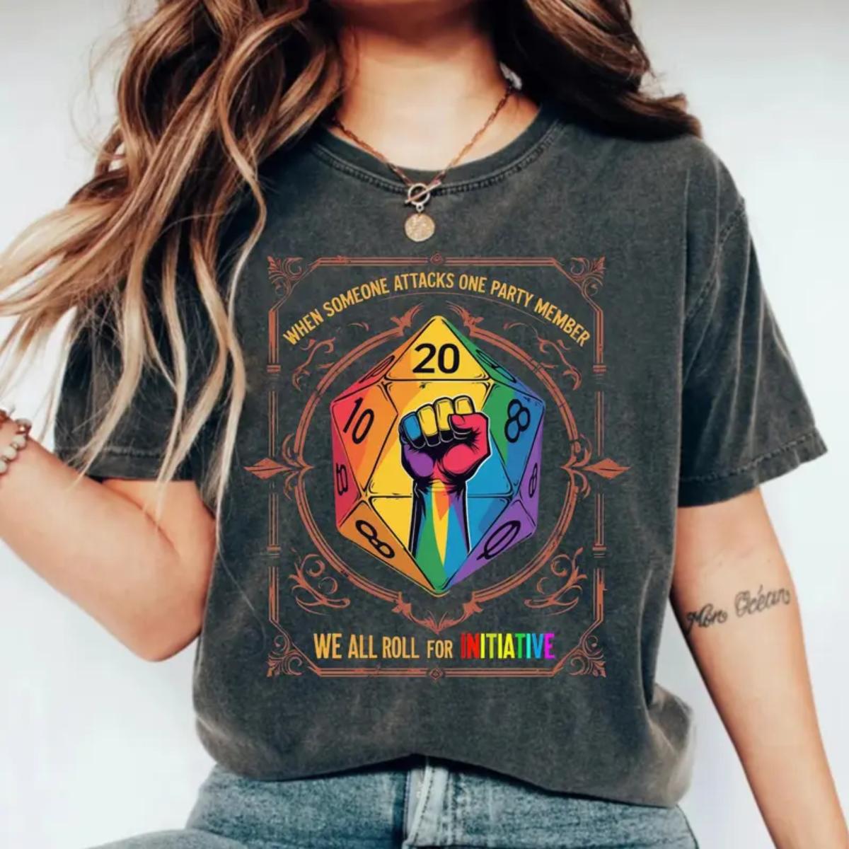 LGBT T-Shirt – When Someone Attacks One Party Member We All Roll for Initiative T-Shirt, Pride Month Shirt, Vintage Board Gamer D&D Shirt