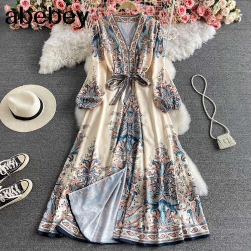 Women Bohemian Embroidery Dress Retro Puff Sleeve V Neck Lace up A-line Dresses Spring Chic Korean Vacation Long Dress alx