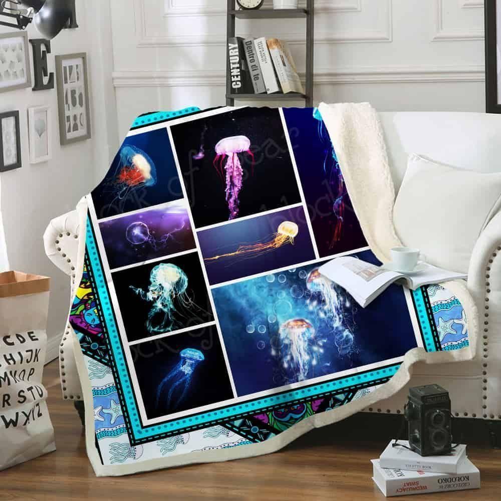 Awesome Jellyfish Under Sea Fleece Blanket, Sherpa Blanket, Gift For Wife Gift For Parent, Family Member, Friends Gift, Christmas Gift, Home Decor, Home Living