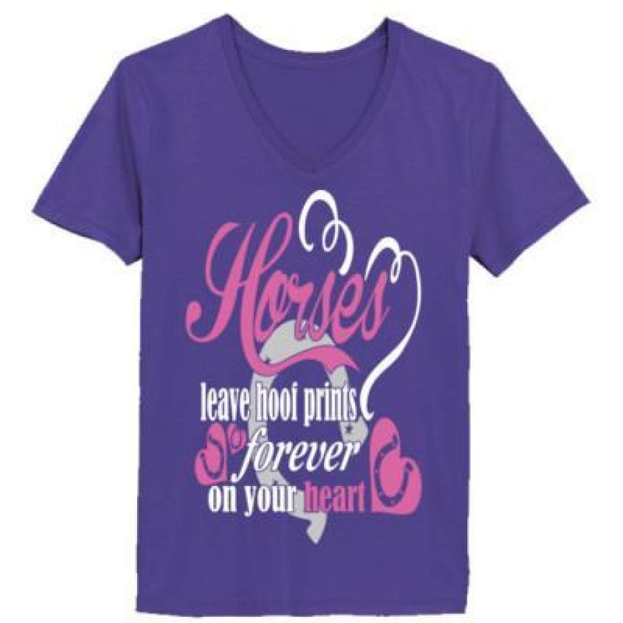 AGR Horses Leaves Hoofprint Forever On Your Heart – Ladies’ V-Neck T-Shirt