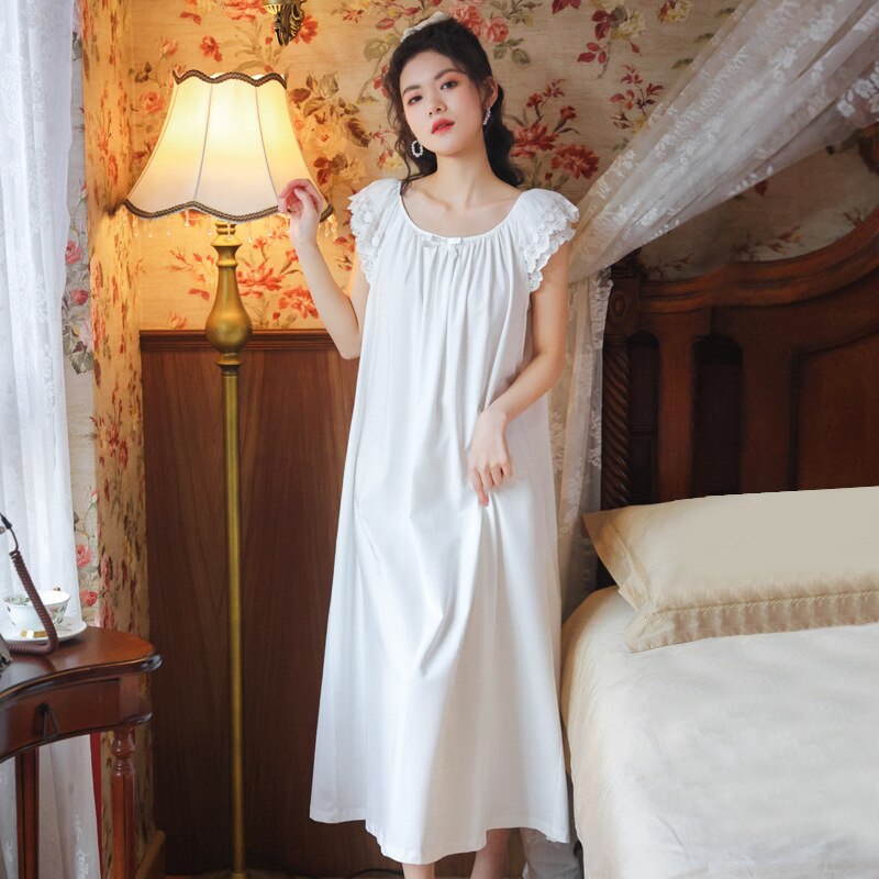 Victorian Sleep Night Dress Women Cotton White Lace Peignoirs Princess Sleepwear Nightwear Vintage Nightgowns Ladies Lounge Wear alx