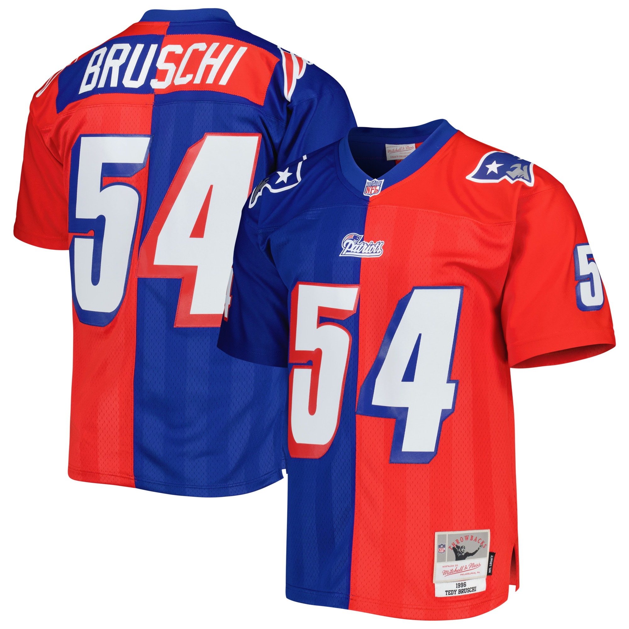 Tedy Bruschi New England Patriots Mitchell & Ness 1996 Split Legacy Replica Jersey – Royal/Red