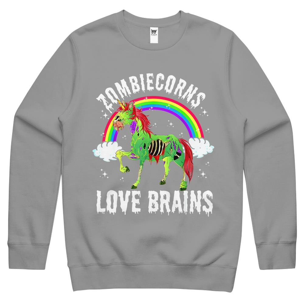 Halloween Halloween Crewneck Sweatshirt, Halloween Shirts For Women Men, Halloween Crewneck Sweatshirt, Zombiecorns Love Brains Zombie Unicorn Rainbow Halloween Crewneck Sweatshirt
