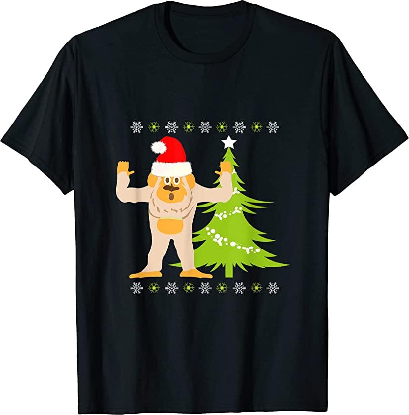 Bigfoot Waving In Santa Hat Sasquatch Ugly Christmas T-Shirt